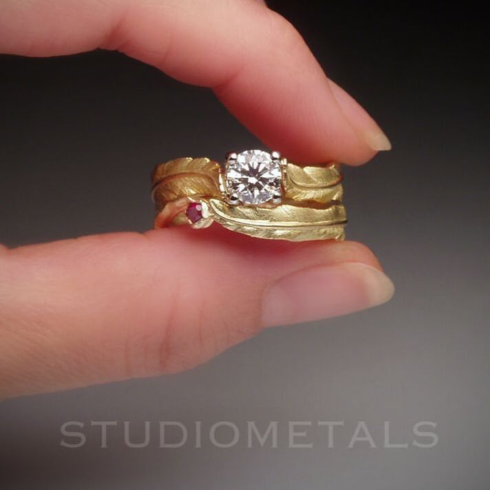 Hand carved 18k yellow gold, women's feather wedding set with 1 carat diamond and ruby accent.