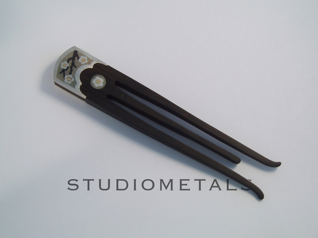 One of a kind, 18k gold, sterling silver, shibuichi and shakudo hair pin.