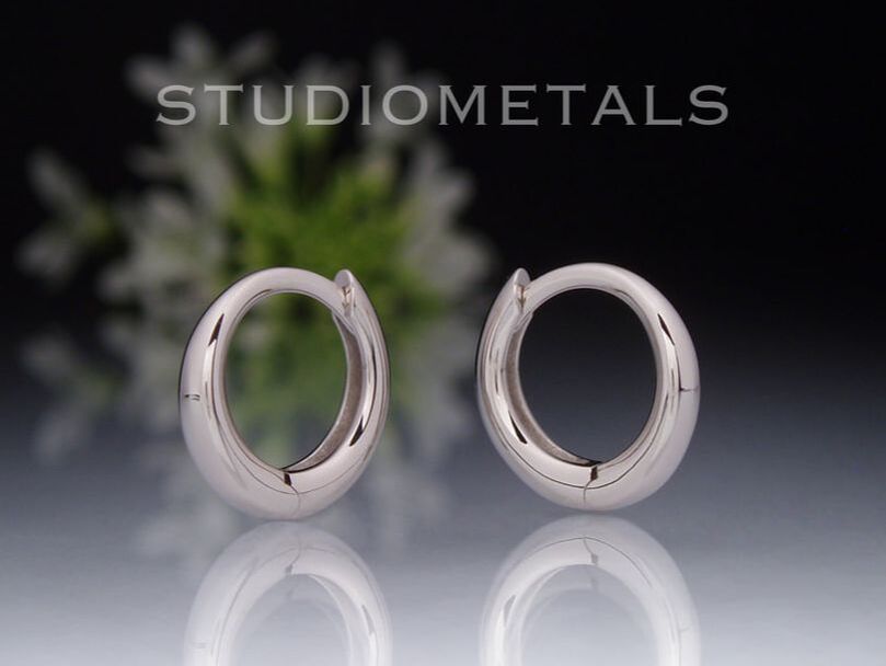 Nickel free, unplated 14k white gold, 12mm tapered huggie hoop earrings for men or women.