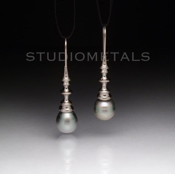 Natural, south sea, baroque pearl drop dangle earrings in solid 14k white gold.