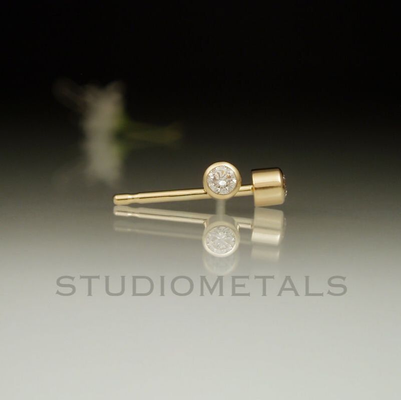 2mm diamonds hand set in solid 14kt yellow gold bezels, Second piercing diamond earrings.