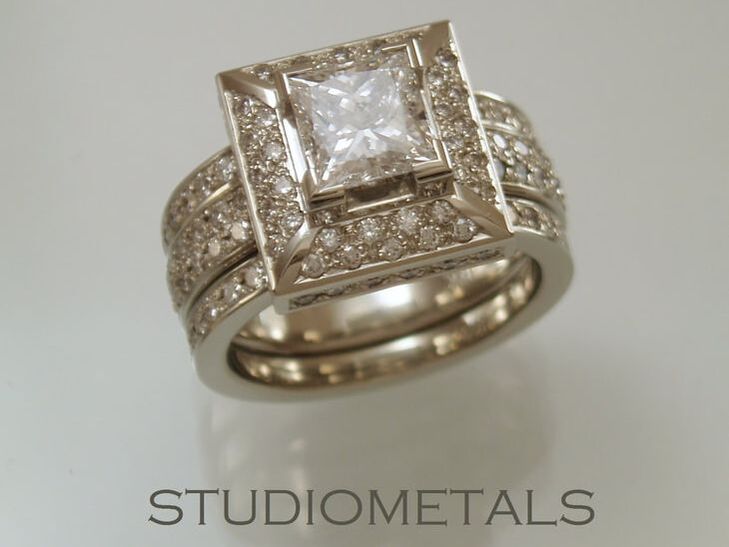 princess cut diamond halo ring wedding set with pave
