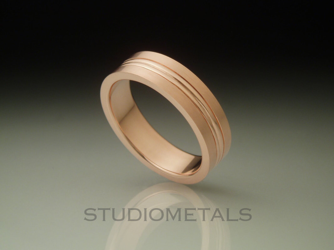 14k rose gold men's 7mm band with brushed finish and a polished stripe