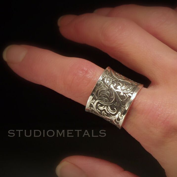 one of a kind, hand engraved sterling silver ring with diamond details