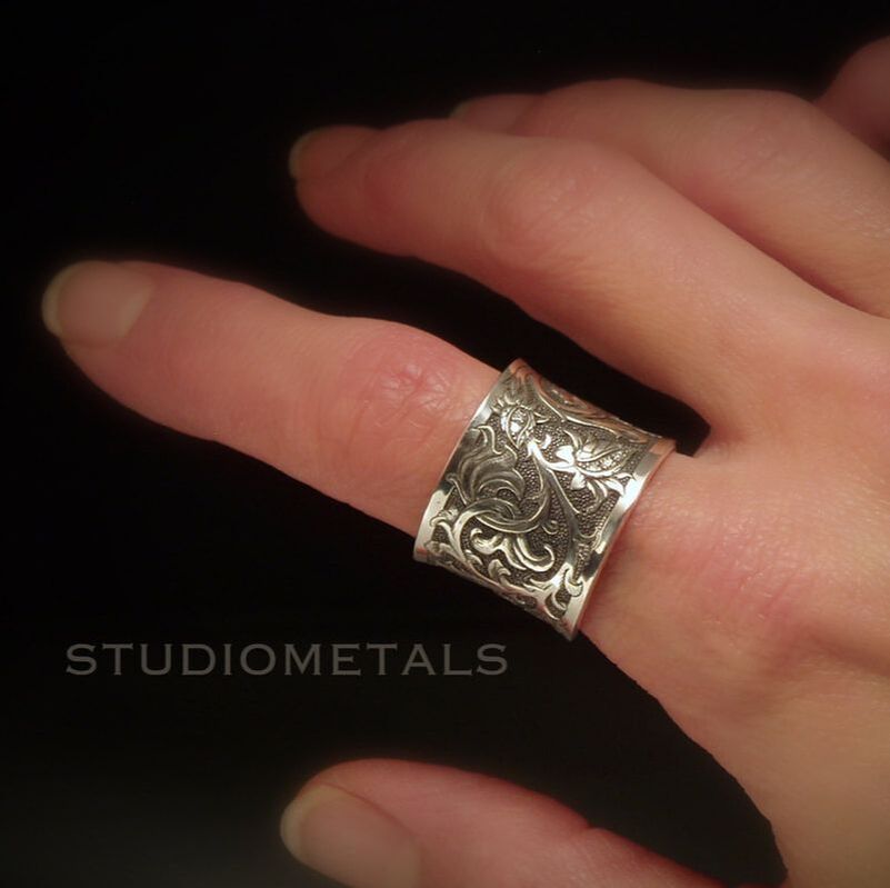 one of a kind, hand engraved sterling silver ring with diamond details