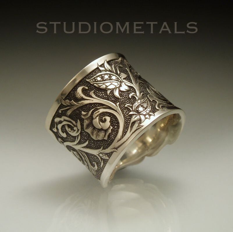 one of a kind, hand engraved sterling silver ring with diamond details