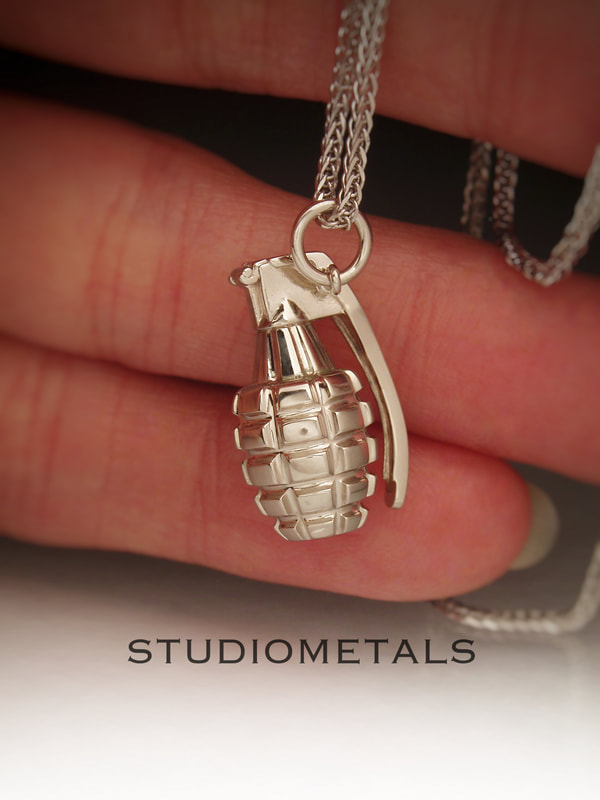 Solid 14k white gold, miniature mk2 pineapple fragmentation hand grenade pendant charm.