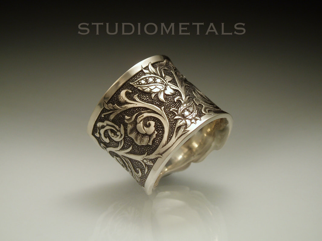 Hand Engraved Ring Band with Tire Lines in Oxidized Silver - Silvertraits